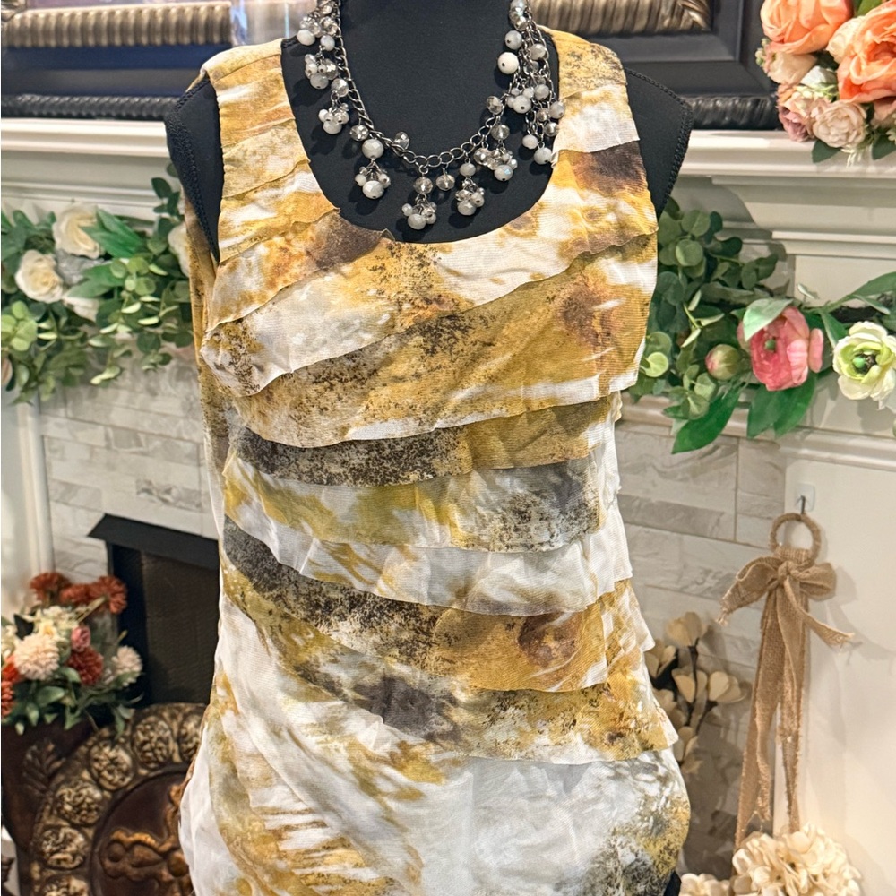 Coldwater Creek Yellow White Brown Patterned Ruffle Tank Top